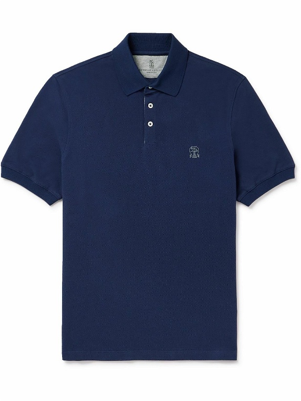 Photo: Brunello Cucinelli - Logo-Print Cotton-Piqué Polo Shirt - Blue