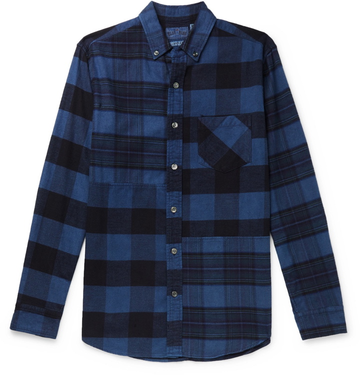 Photo: Blue Blue Japan - Button-Down Collar Patchwork Checked Cotton-Flannel Shirt - Blue