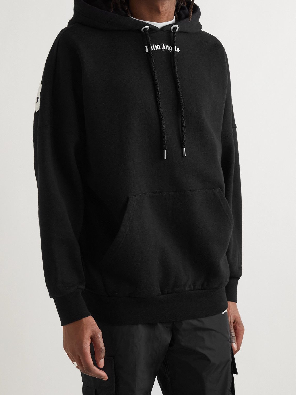 Black Logo-embroidered cotton-jersey hoodie, Palm Angels