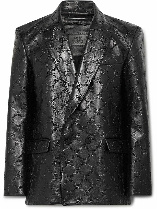 Photo: GUCCI - Double-Breasted Logo-Embossed Leather Blazer - Black