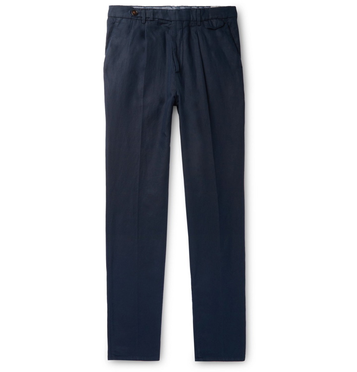 Photo: Brunello Cucinelli - Taupe Tapered Pleated Linen and Cotton-Blend Twill Trousers - Blue