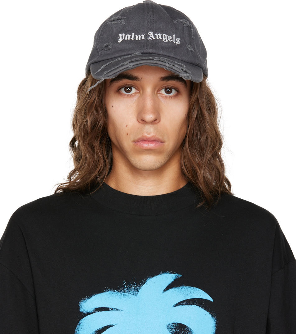 Palm Angels Gray Ripped Logo Cap Palm Angels