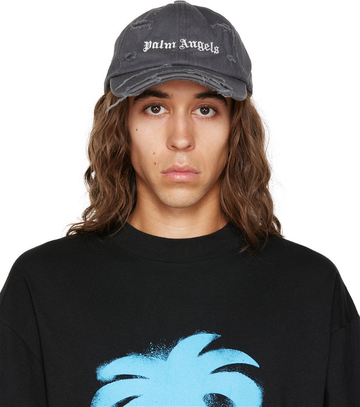 Photo: Palm Angels Gray Ripped Logo Cap