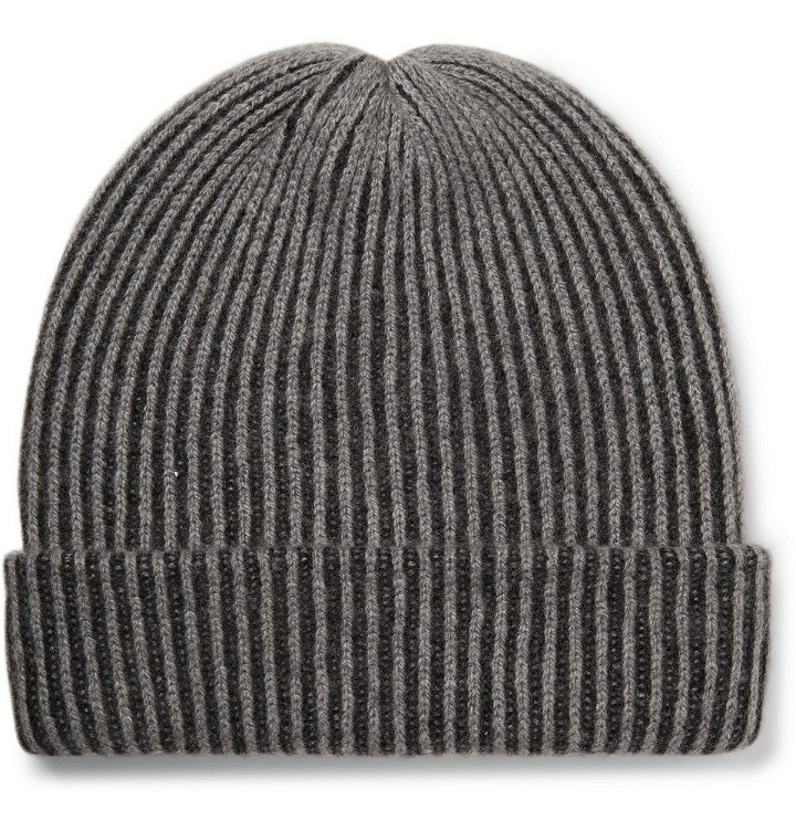 Photo: The Elder Statesman - Watchman 2 Striped Ribbed Cashmere Beanie - Charcoal