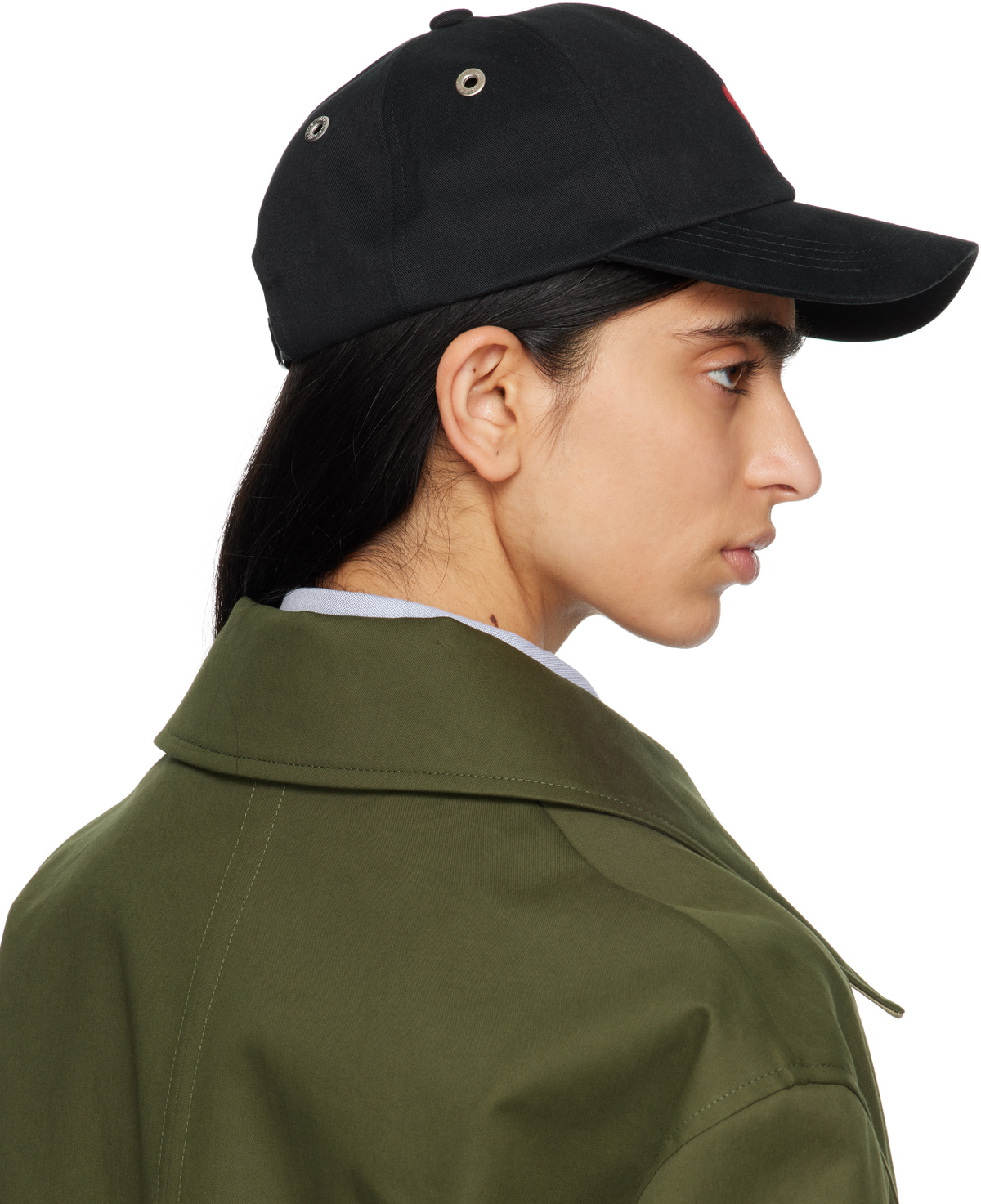 AMI Paris Black Cotton Ami de Coeur Embroidery Cap