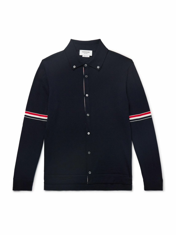 Photo: Thom Browne - Slim-Fit Button-Down Collar Grosgrain-Trimmed Virgin Wool Cardigan - Blue