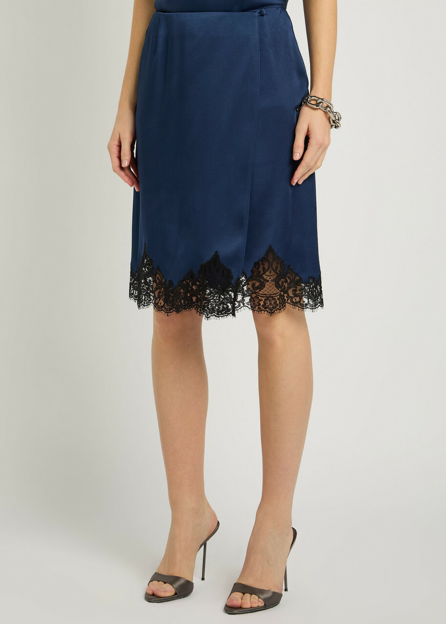 Stella Mccartney Iconic Lace-trimmed Satin Knee-length Wrap Skirt Navy