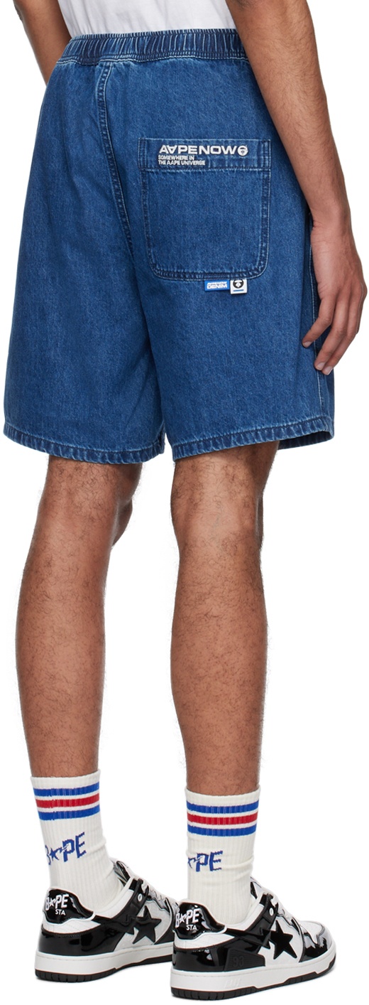 AAPE by A Bathing Ape Blue Moonface Embroidered Denim Shorts AAPE