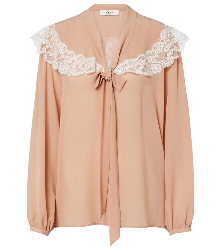 Photo: Chloé Lace-trimmed tie-neck silk blouse