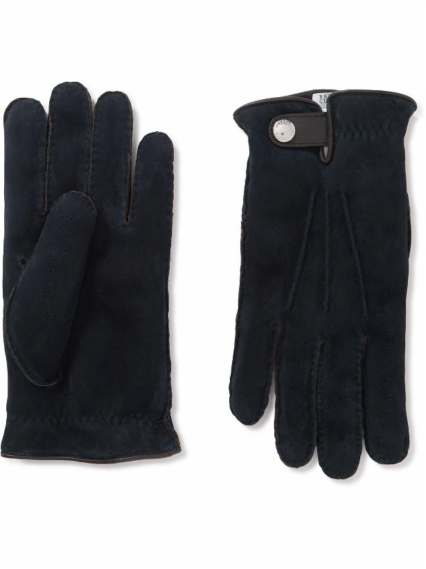 Photo: Brunello Cucinelli - Leather-Trimmed Suede Gloves - Blue