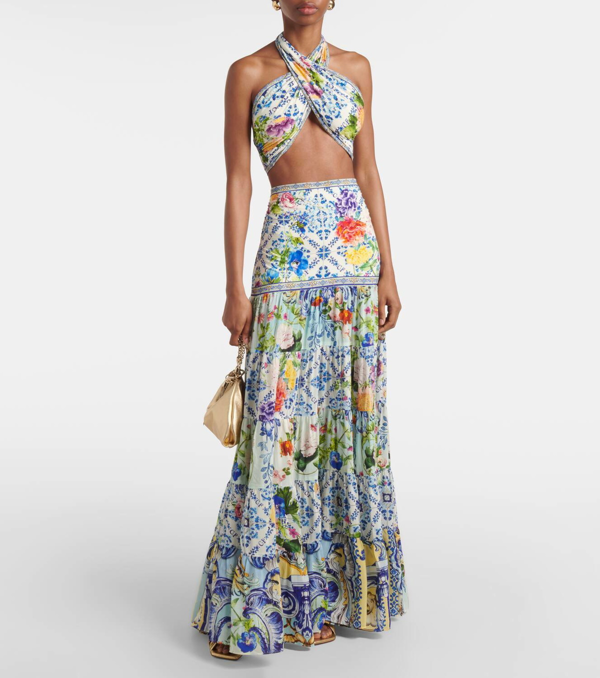 Camilla Floral tiered silk maxi skirt