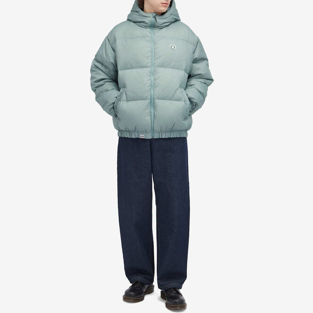Men's AAPE Now Camo Badge Hooded Down Jacket in Green