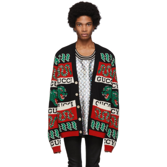 Photo: Gucci Black and Multicolor Jacquard Symbols Cardigan