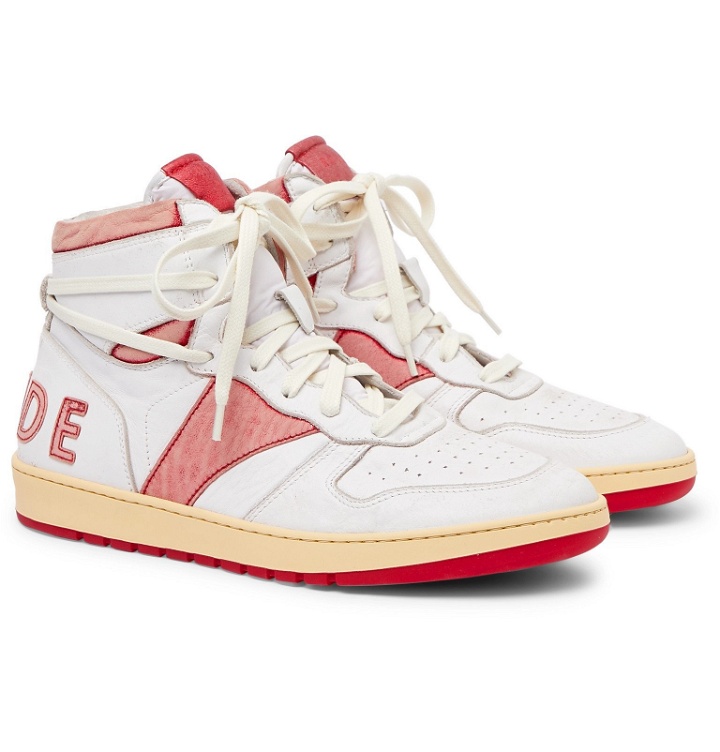 Photo: Rhude - Rhecess Distressed Leather High-Top Sneakers - Red