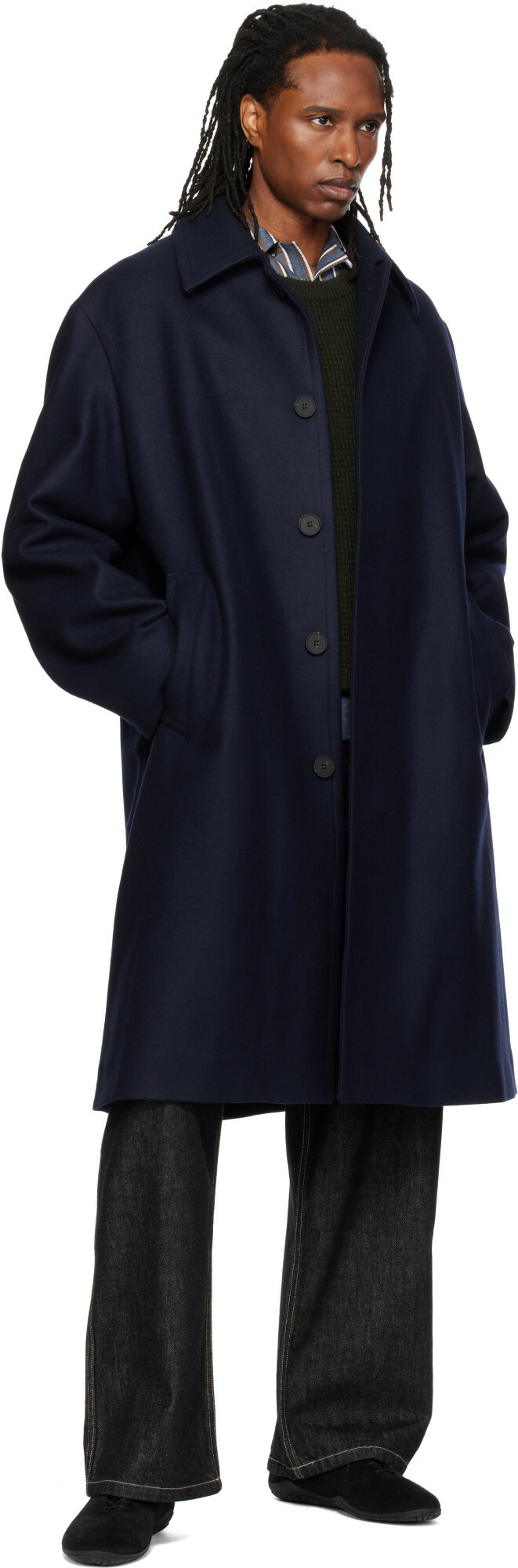Studio Nicholson Navy Wool Overcoat