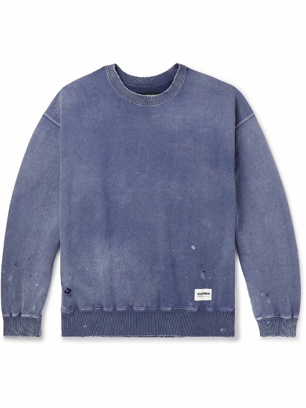 Photo: Neighborhood - Damage Logo-Appliquéd Distressed Cotton-Jersey Sweatshirt - Blue