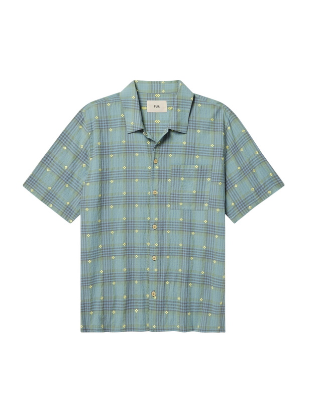 Photo: Folk - Gabe Embroidered Checked Linen and Cotton-Blend Shirt - Blue
