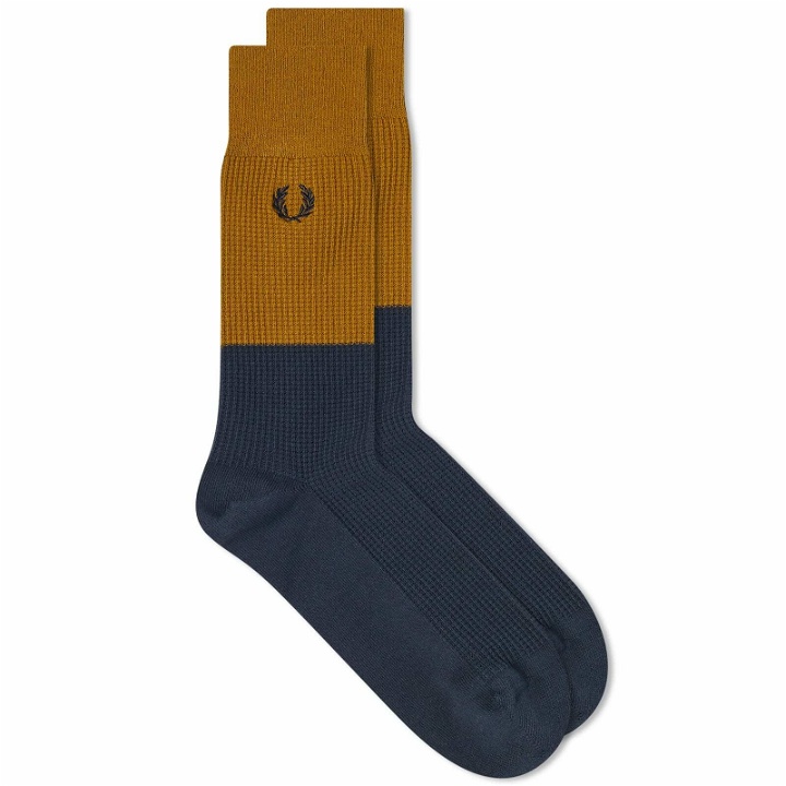 Photo: Fred Perry Men's Waffle Knit Sock in Dark Caramel/Navy