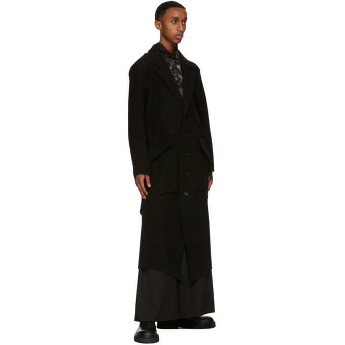 Sulvam Black Wool Blanket Slit Long Coat Sulvam