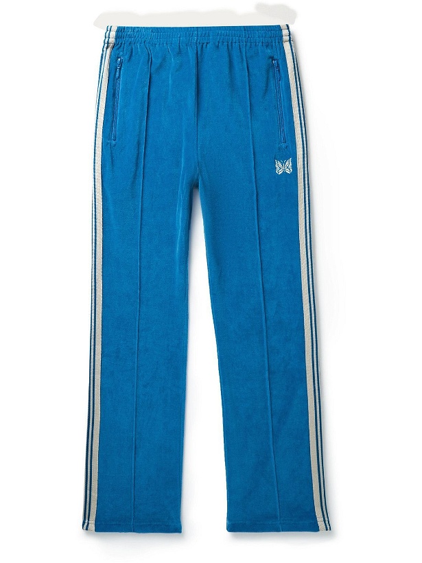 Photo: Needles - Logo-Embroidered Stripe-Trimmed Cotton-Blend Velour Track Pants - Blue