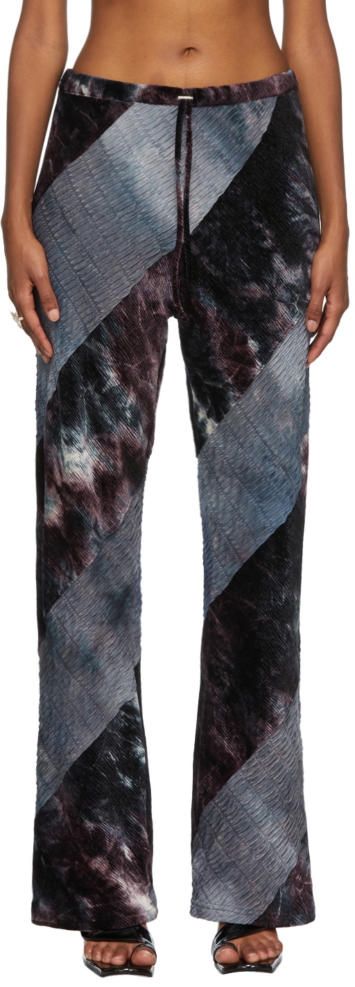 PERVERZE Blue & Purple Velour Switch Bias Line Trousers PERVERZE