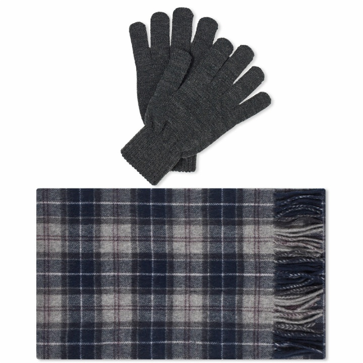 Photo: Barbour Men's Tartan Scarf & Glove Gift Set in Slate Tartan/Black