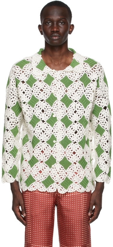 Photo: Bode SSENSE Exclusive White & Green Crochet Diamond Overshirt