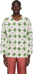 Bode SSENSE Exclusive White & Green Crochet Diamond Overshirt