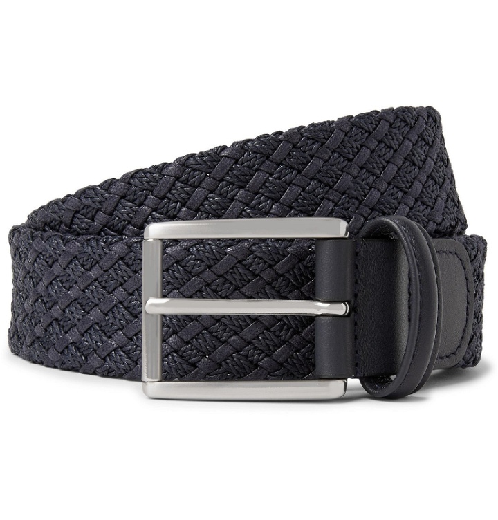 Photo: Anderson's - 3.5cm Storm-Blue Leather-Trimmed Woven Waxed-Cotton Belt - Blue