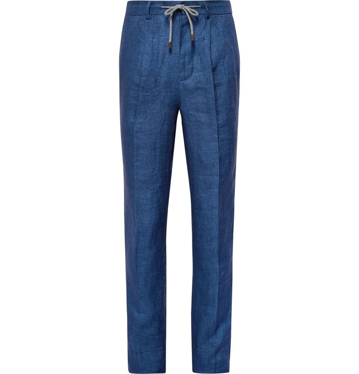 Photo: Brunello Cucinelli - Blue Linen Drawstring Suit Trousers - Blue