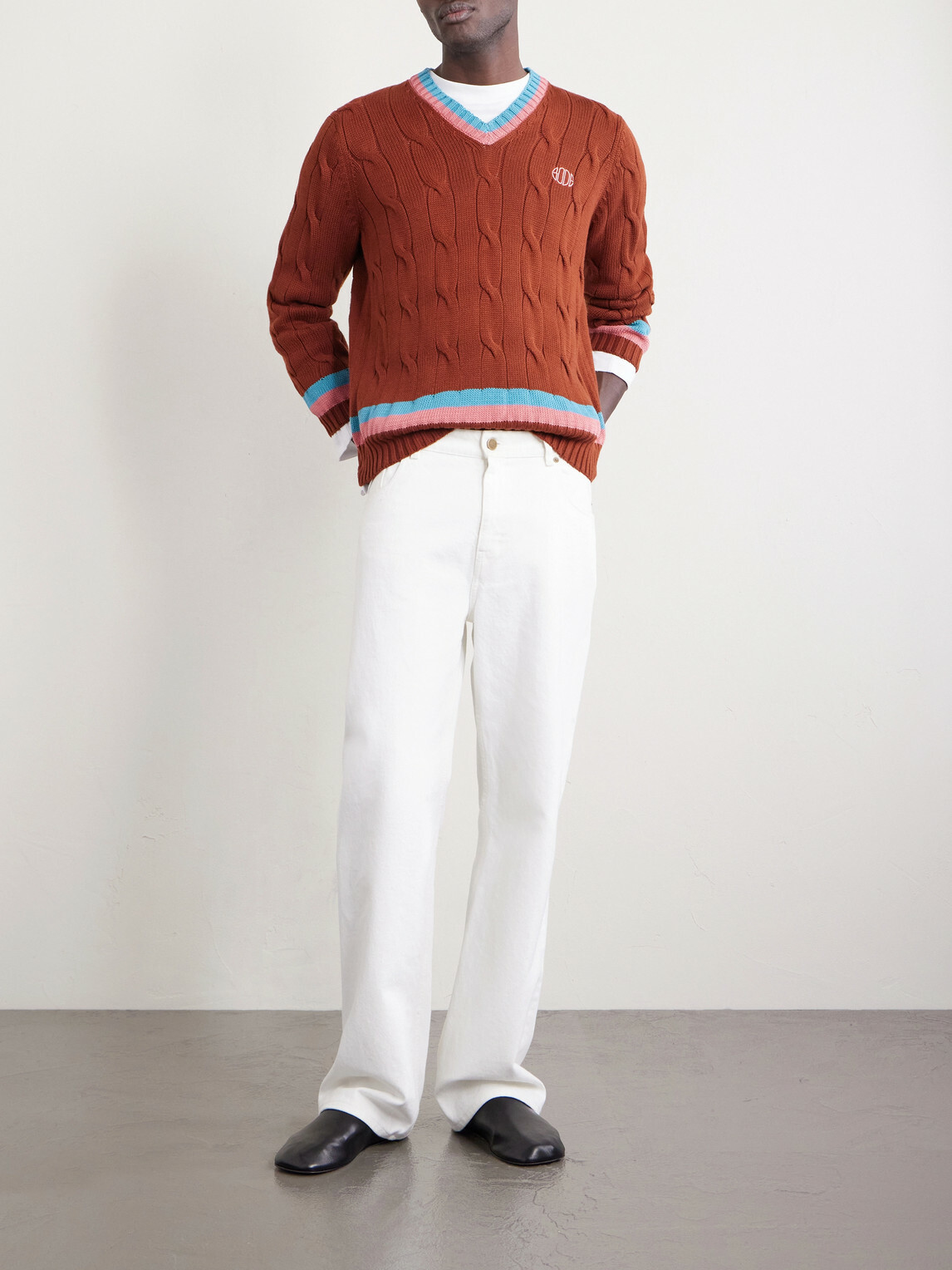 BODE - Logo-Embroidered Cable-Knit Cotton Sweater - Brown