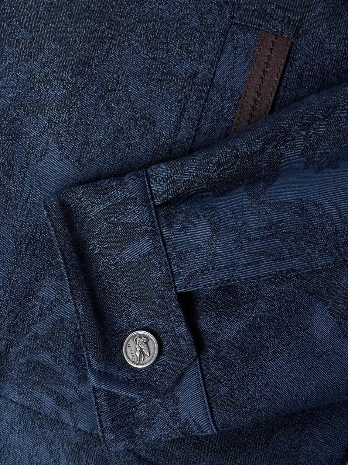 Etro - Leather-Trimmed Cotton and Wool-Blend Jacquard Bomber Jacket - Blue