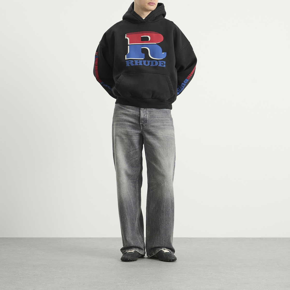 Rhude Men's Split Petrol Logo Hoodie in Vintage Black/Red/Blue