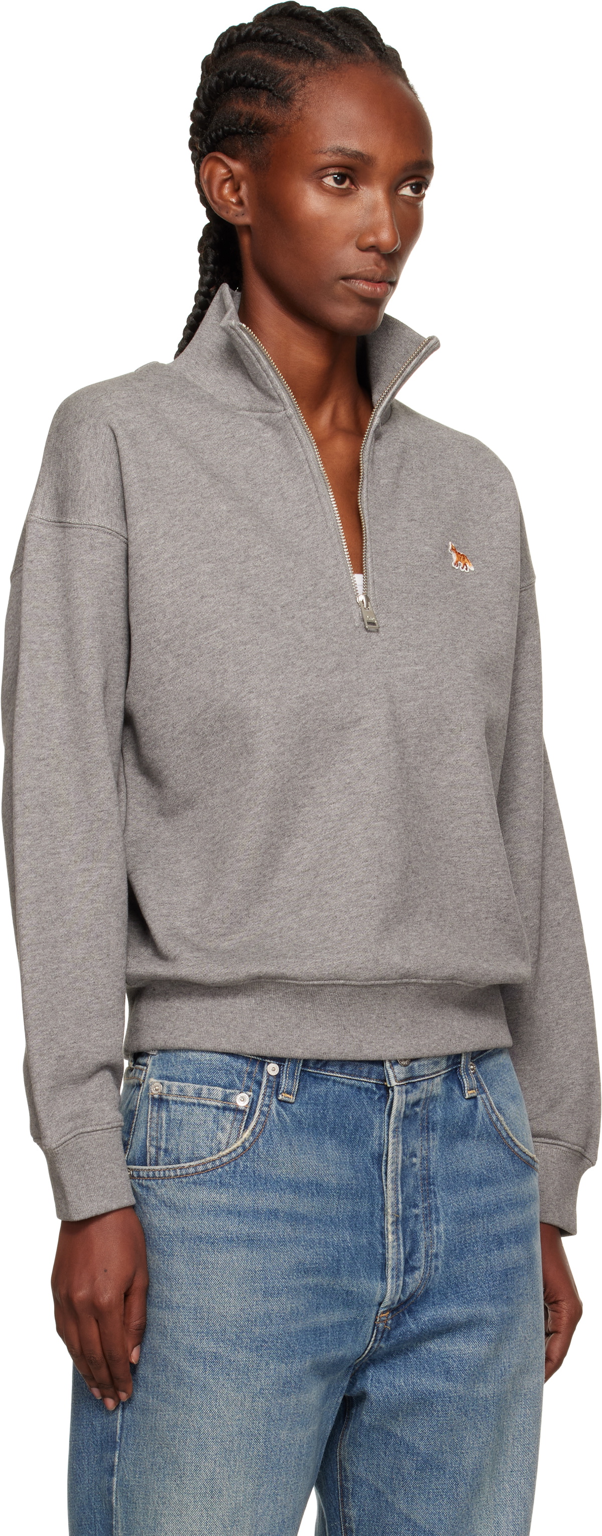 Maison Kitsuné Gray Half Zip Baby Fox Patch Sweatshirt
