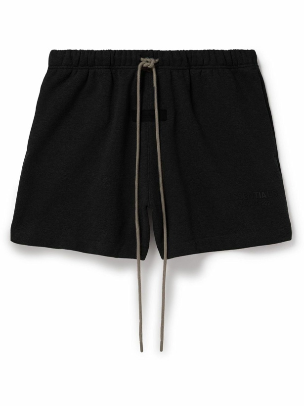 Photo: FEAR OF GOD ESSENTIALS - Wide-Leg Logo-Appliquéd Cotton-Blend Jersey Drawstring Shorts - Black