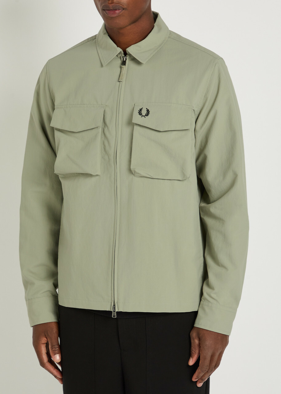 Fred Perry Logo-embroidered Crinkled Shell Overshirt Light Green