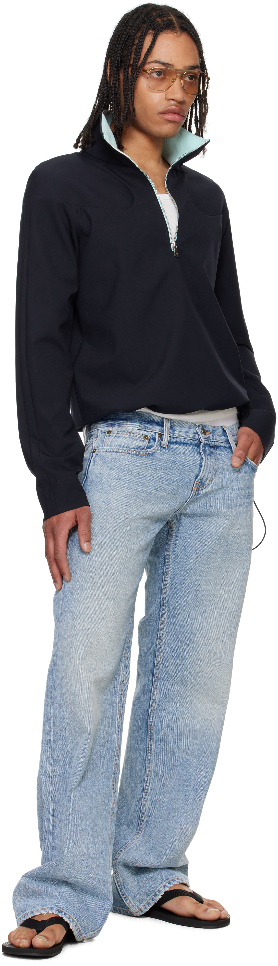 Raimundo Langlois Navy Padded Shoulder Quarter Zip Sweatshirt