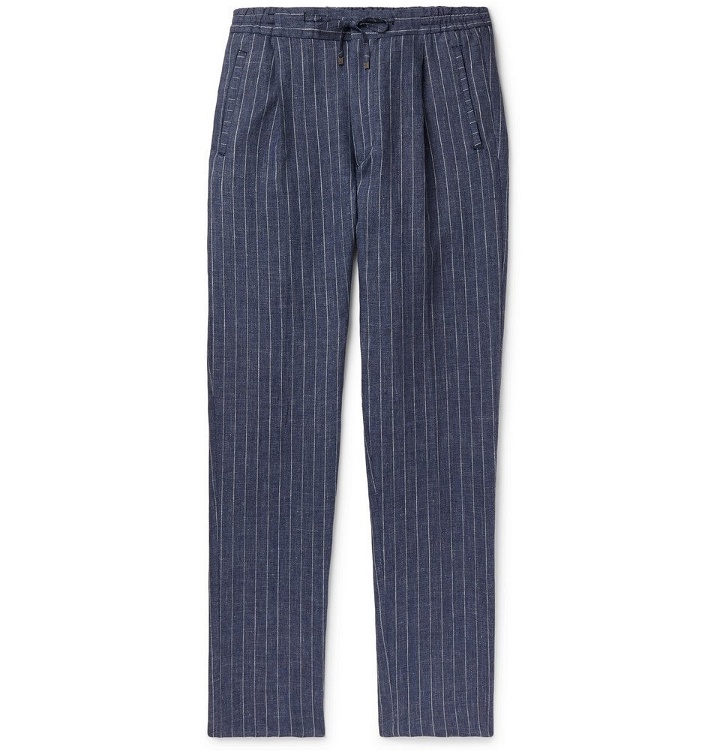 Photo: Lardini - Tapered Pleated Pinstriped Linen Drawstring Trousers - Men - Blue
