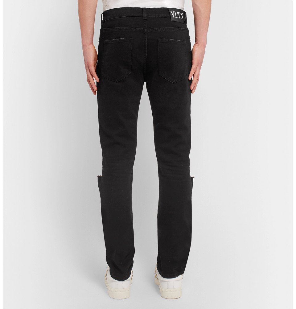 Valentino - Distressed Marble-Washed Stretch-Denim Jeans - Men - Black ...