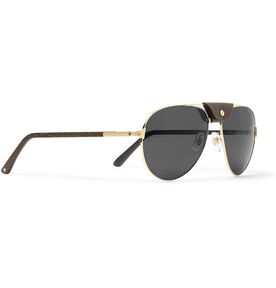 Cartier Eyewear Aviator Style Leather Trimmed Gold Tone Sunglasses Gold Cartier