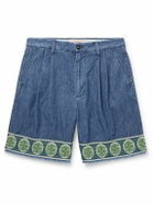 Valentino Garavani - Wide-Leg Pleated Embroidered Denim Shorts - Blue