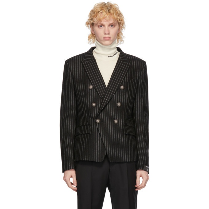 Photo: Balmain Black and White Wool Striped Double-Breasted Blazer