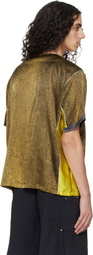 Serapis Khaki Satin Silk Double V-Neck Short Sleeve T-shirt