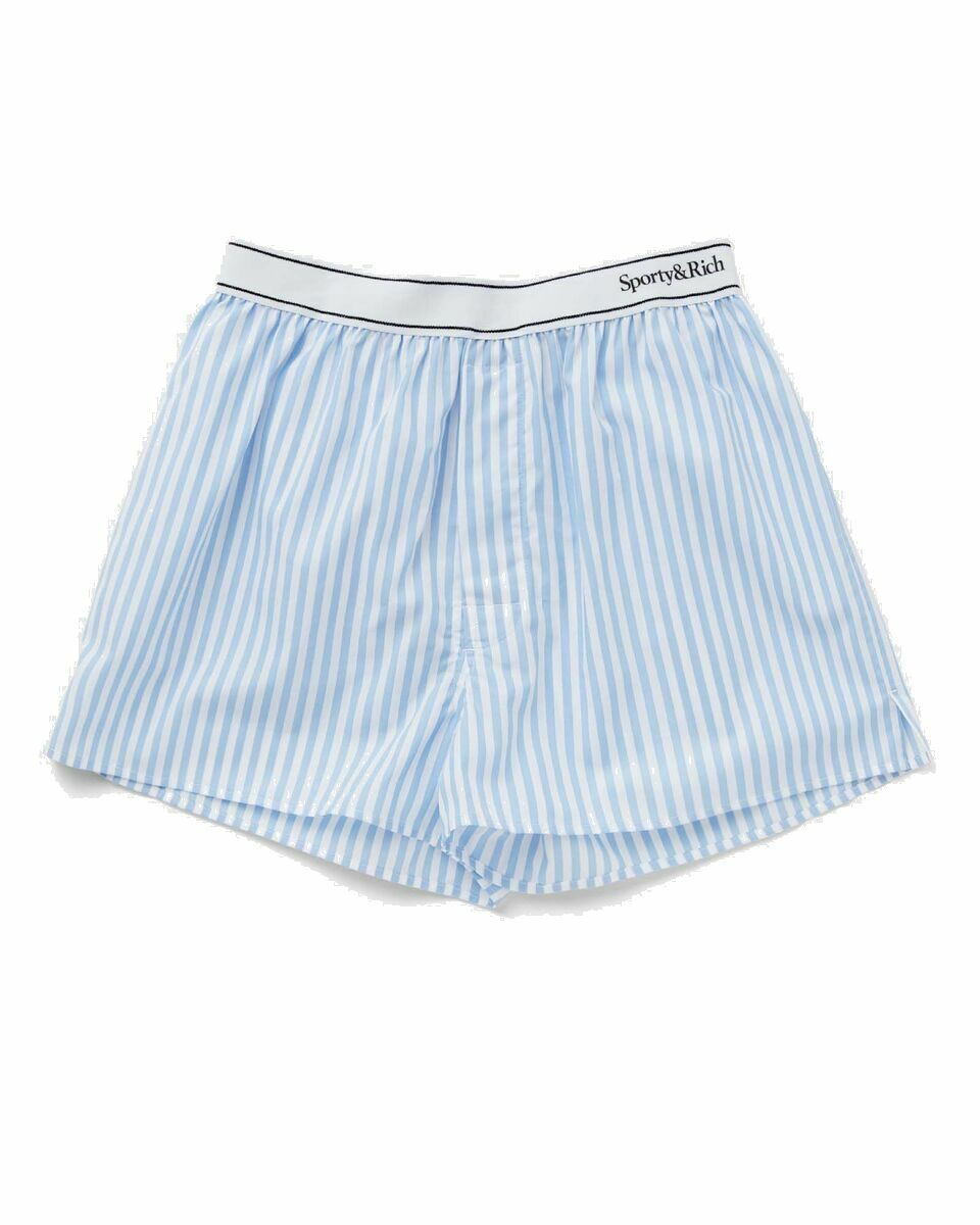 Photo: Sporty & Rich Serif Logo Boxer Shorts Blue - Womens - Casual Shorts