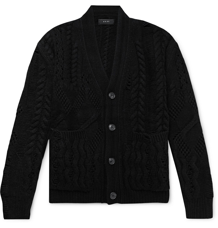 Photo: AMIRI - Oversized Distressed Cable-Knit Wool and Cashmere-Blend Cardigan - Black