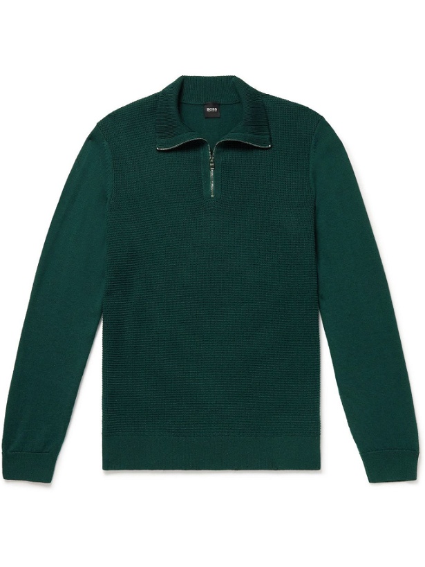 Photo: Hugo Boss - Waffle-Knit Virgin Wool Half-Zip Sweater - Green