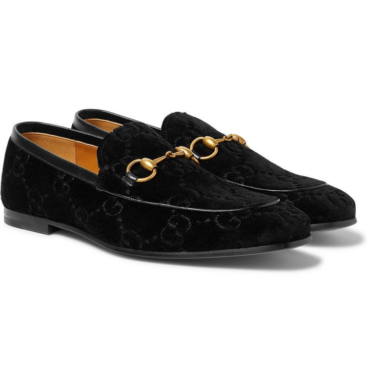 Photo: Gucci - Horsebit Leather-Trimmed Logo-Embroidered Velvet Loafers - Men - Black