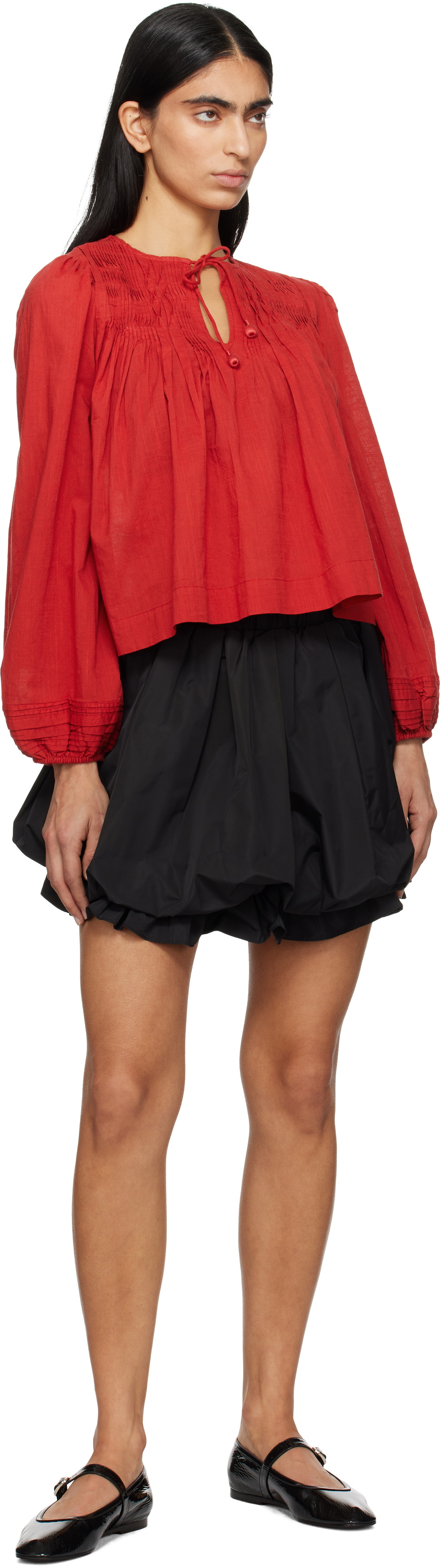 SEA NY Red Myra Cotton Long Sleeve Blouse