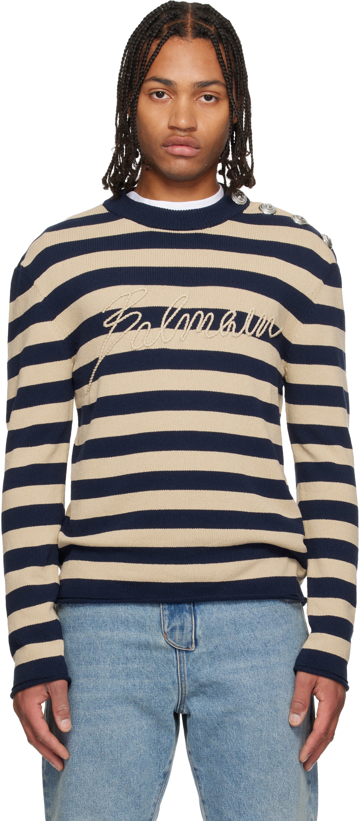 Balmain Navy & Beige 'Balmain' Logo Marinière Sweater