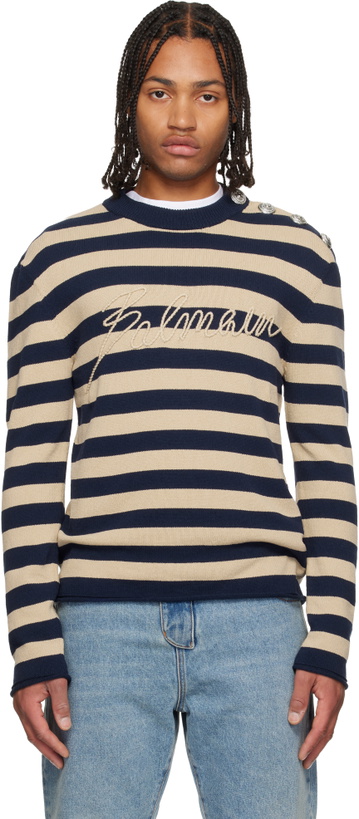 Photo: Balmain Navy & Beige 'Balmain' Logo Marinière Sweater